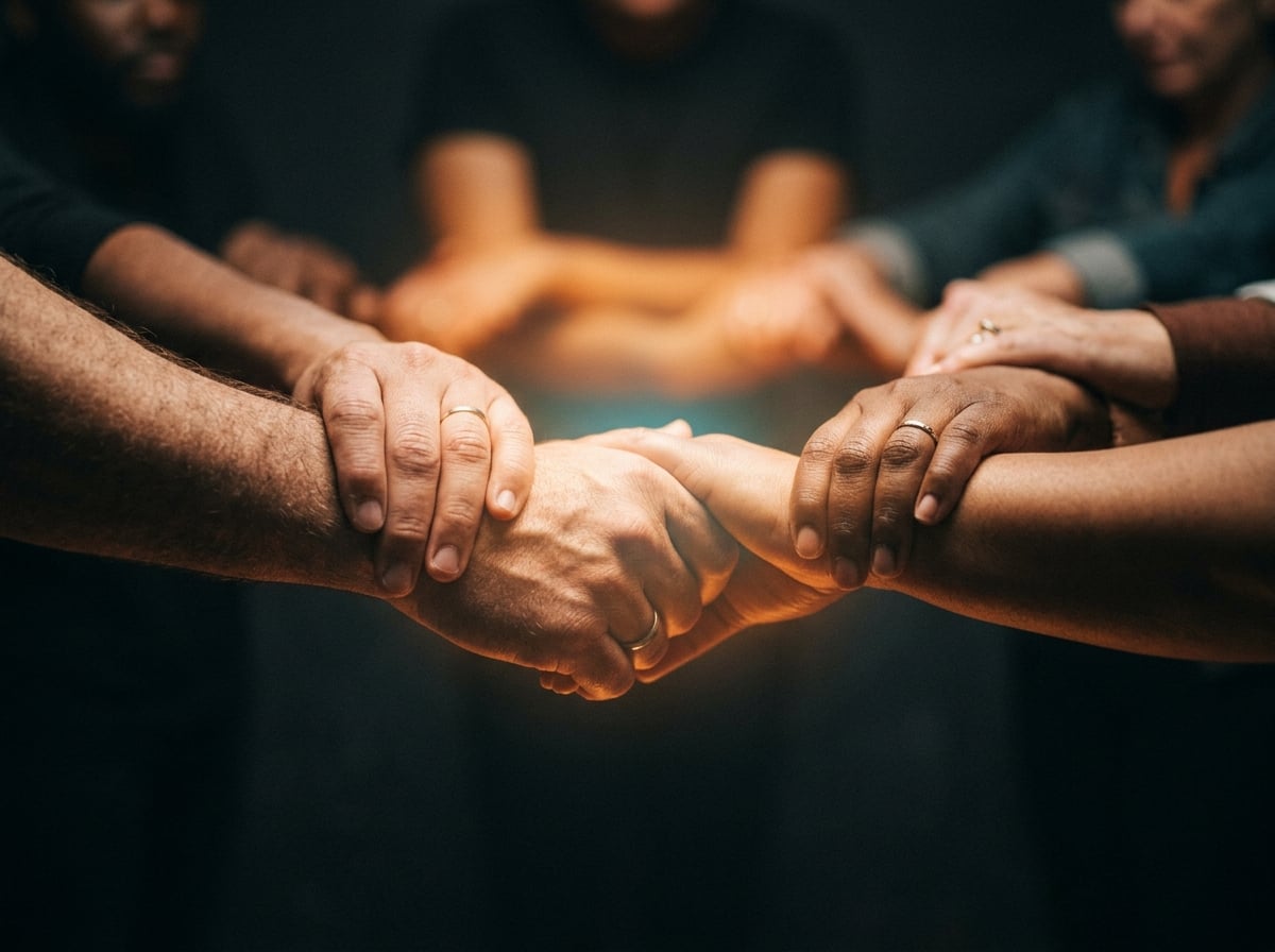 A warm, glowing scene of a community coming together in support of one another