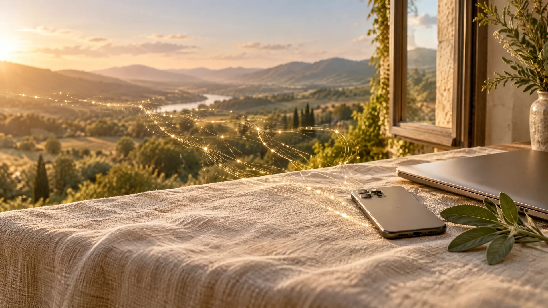 A phone and closed laptop on linen with sage beside an open window overlooking a valley