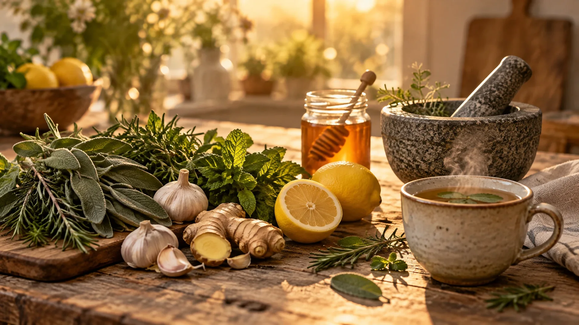 Fresh herbs, ginger and lemons beside a stone mortar and pestle