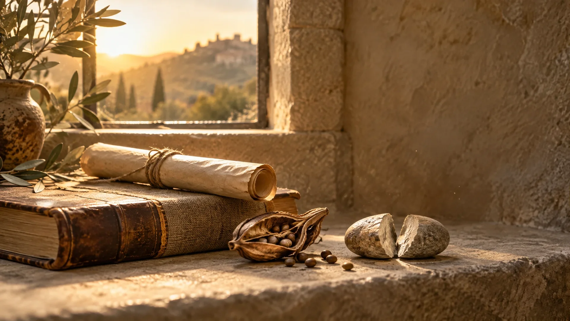 A book, scroll and opening seed pod in a quiet stone alcove