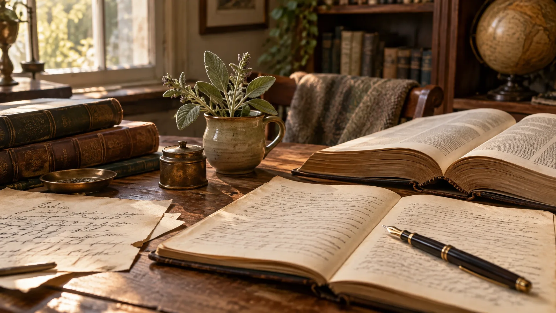 Open books, handwritten notes and a fountain pen on a sunlit wooden study desk